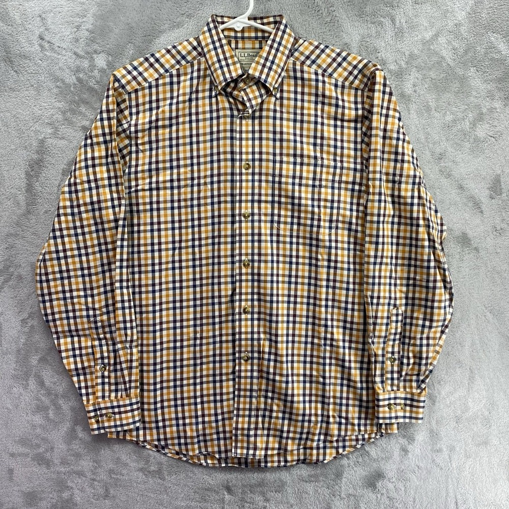 L.L Bean Mens Small Regular Wrinkle Resistant Yellow Plaid Button-Down Shirt EUC